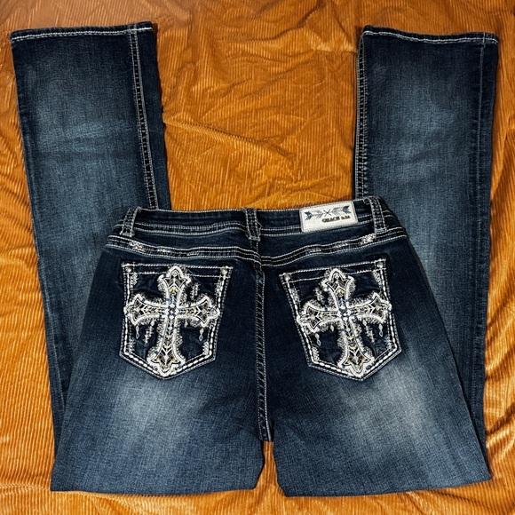 GRACE IN LA CROSS EMBROIDERY MID RISE BOOTCUT JEANS - Picture 1 of 6